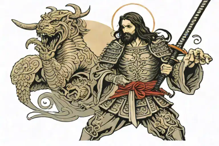 Jesus With Japanese War Armor Holding A Holy Katana Ready To Fight The Devil