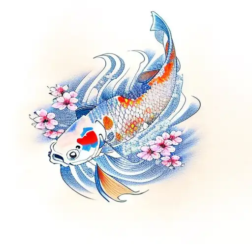 A Graceful Koi Fish Swimming Among Blooming Sakura Petals