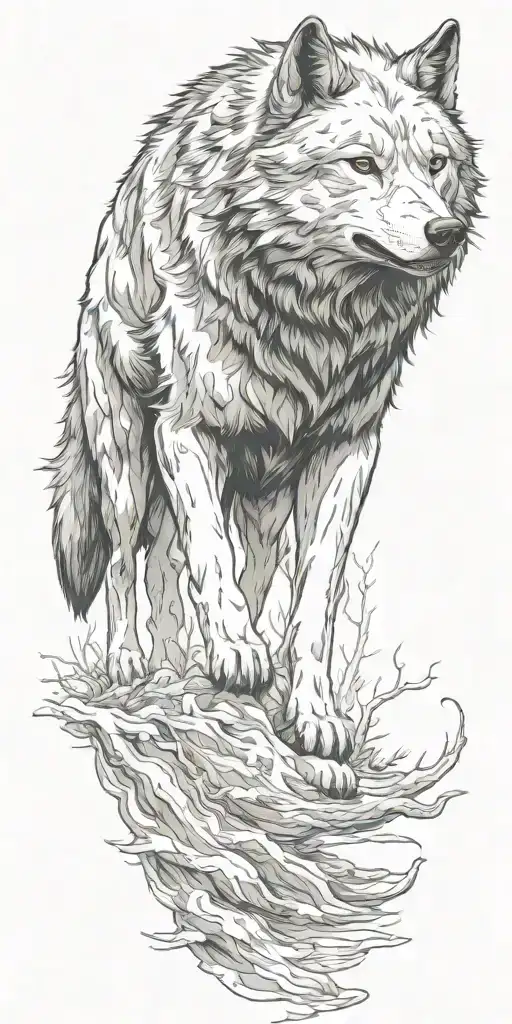 Direwolf Walking Alone From Its Pack In A Forest Near A Stream