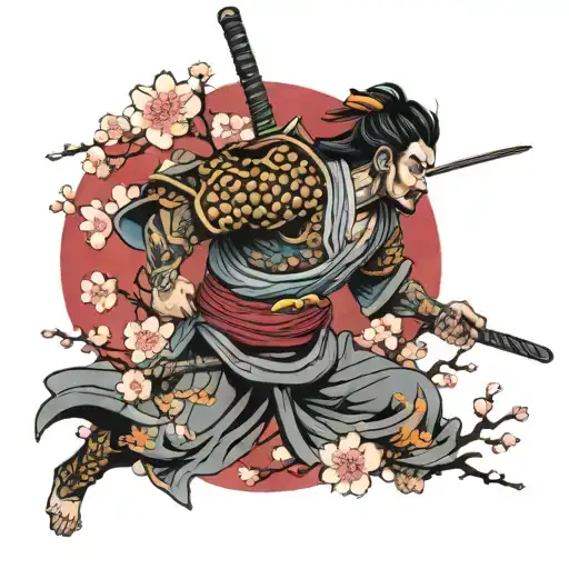 Warrior With A Saber And Cherry Blossoms