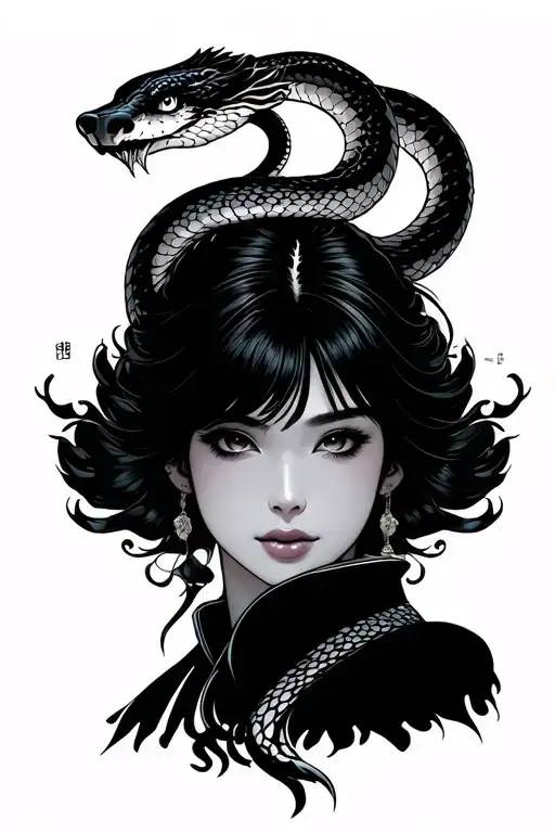 Woman One Snake In The Head To Shoulder Front View Woman Should Be Japanese Fierce Face
