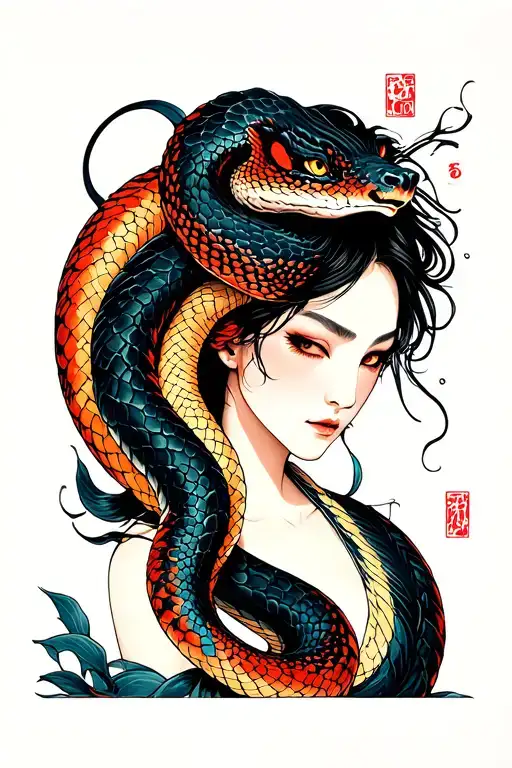 Woman One Snake In The Head To Shoulder Front View Woman Should Be Angry