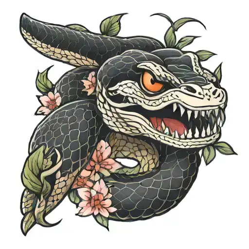 Aggressive Japanese Snake With Flowers