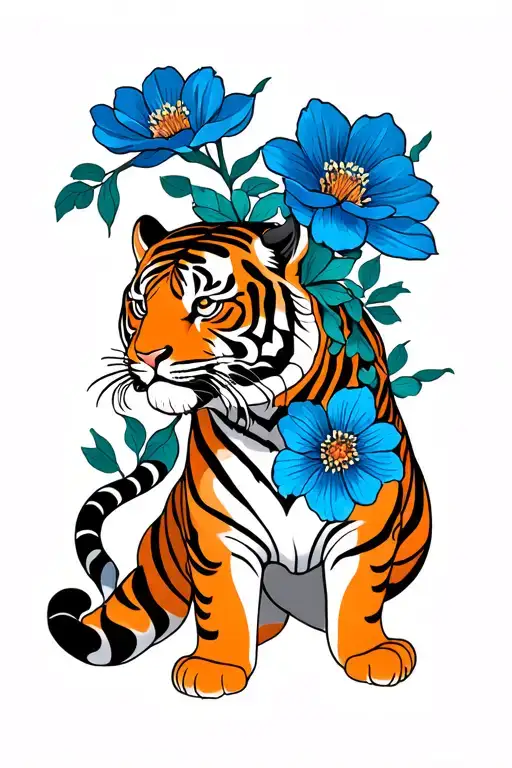 Tiger With Blue Flowers Japanese Style