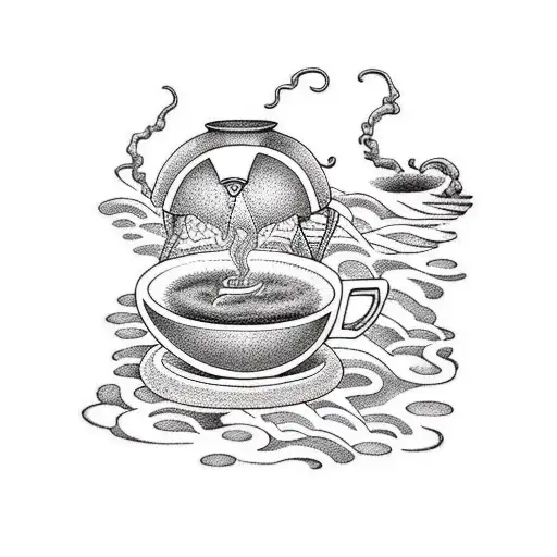 A Dotwork Tattoo Of A Witch Brewing Coffee In A Cauldron With A Beach Background