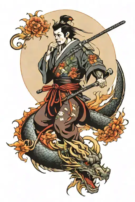 Samurai Against The Backdrop Of A Dragon Over A Moon Flower Tattoo On The Shoulder