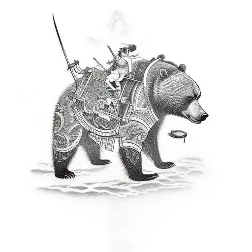 An Intricately Detailed Tattoo Of A Bear Wielding A Sword And Standing On Top Of A Military Tank