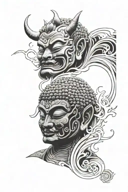Buddha And Oni Mask Split In Half