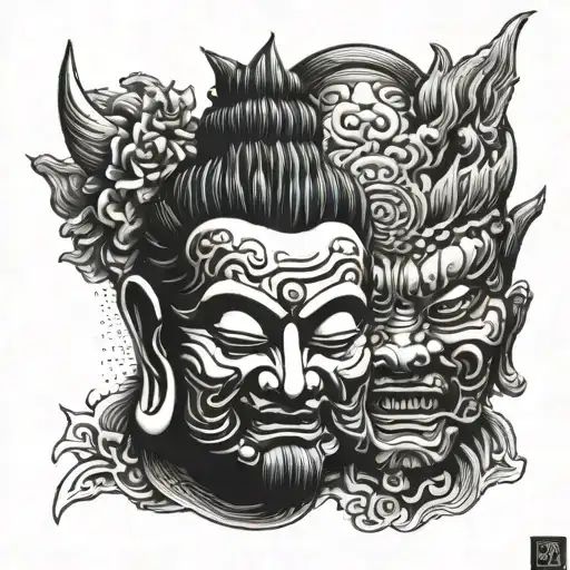 Buddha And Oni Mask Split In Half