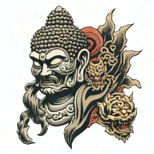 Buddha And Oni Mask Split In Half And A Shrine With A Human