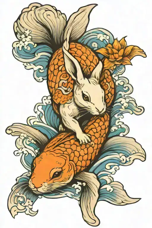 Rabbit With Koi Fish Swimming Upstream