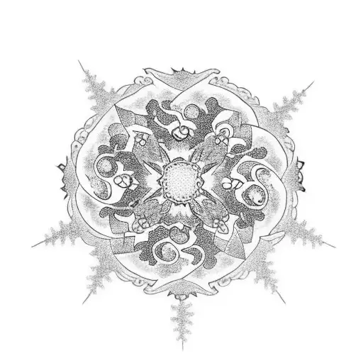 Crescent Moon And A Sakura Flower With A Snowflake