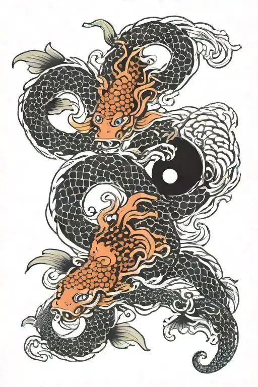 Ying Yang Coi Fish And Japanese Dragon