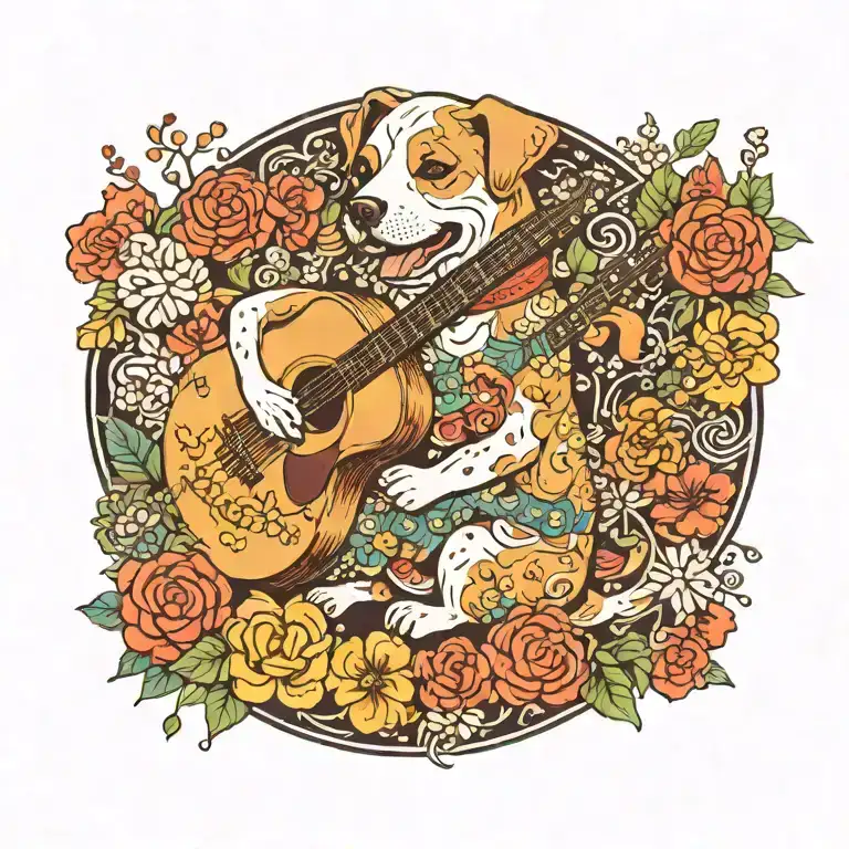 A Whimsical Design Of A Cute Dog Playing A Guitar Surrounded By Musical Notes And Flowers