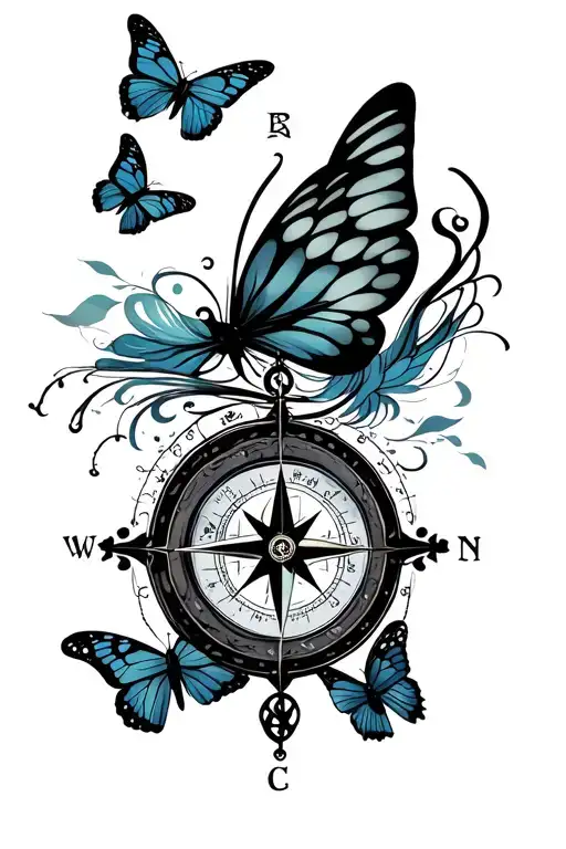 Feminine Compass And 4 Butterflies Flying With Names