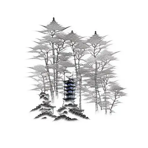 Samurais Fighting Silhouette Close To A Temple And Forest And Sunset