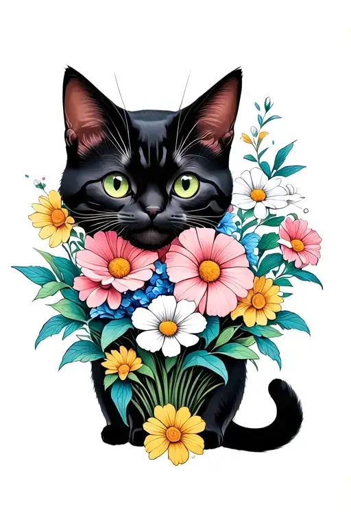 Monmon Cat With Flowers Inside Daisy Morning Glory Cosmos