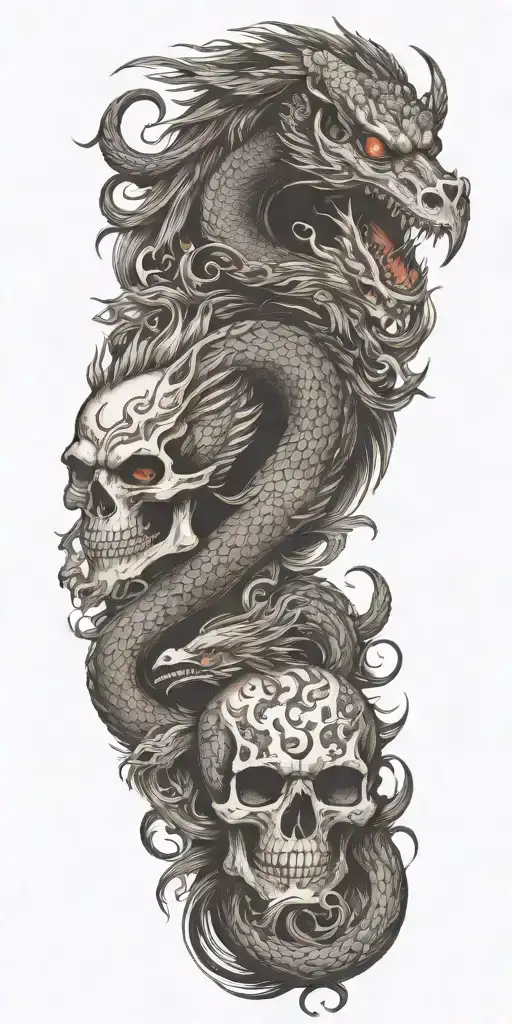 Chinese Dragon And Phoenix And Skull And Moon And Raven