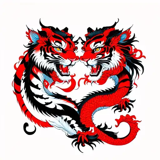 Tiger And Dragon Mirrored Image Fine Line Black And Red