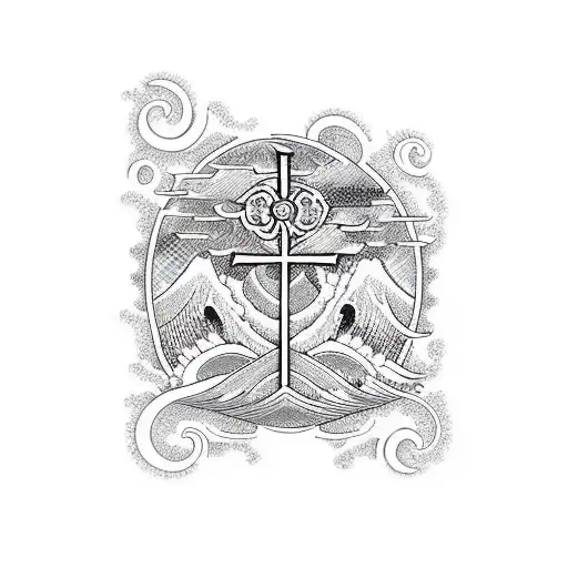 Ocean Waves With Cross In The Middle