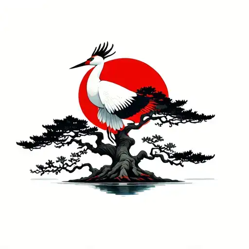 Red Crowned Crane Flying Around A Bonsai Tree With A Red Moon Behind