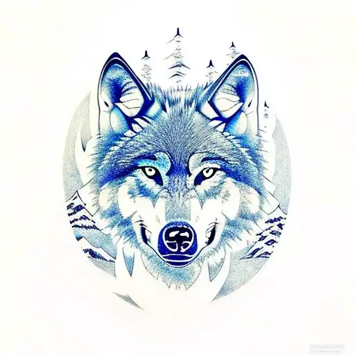 Wolf With Blue Eyes And Mountains