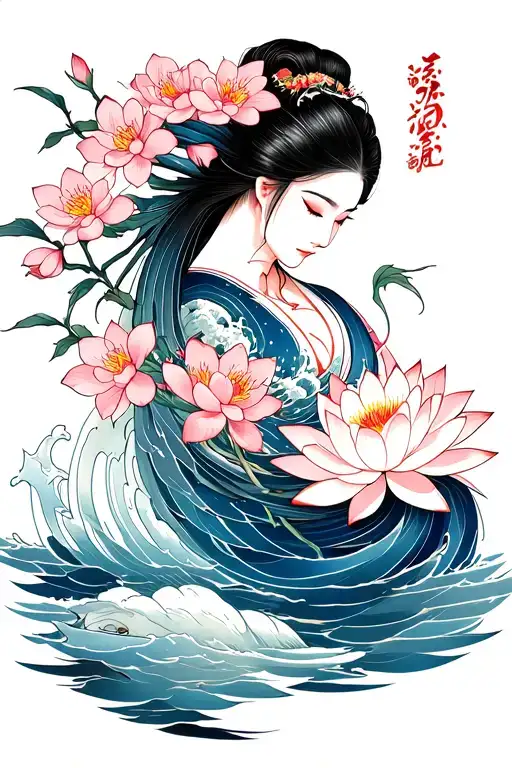 Kumonryu Swimming Up With Sakura And Lotus Flowers Blooming