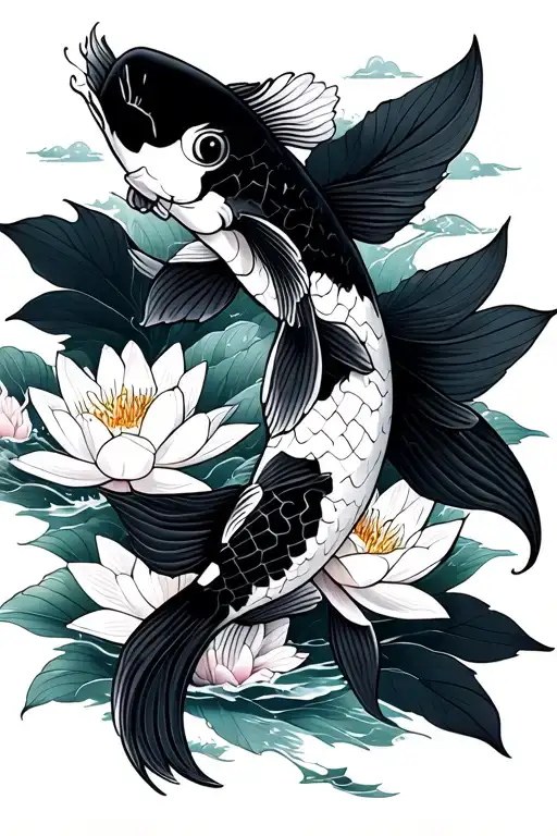 Black And White Koi Swimming Up With Sakura And Lotus Flowers Blooming