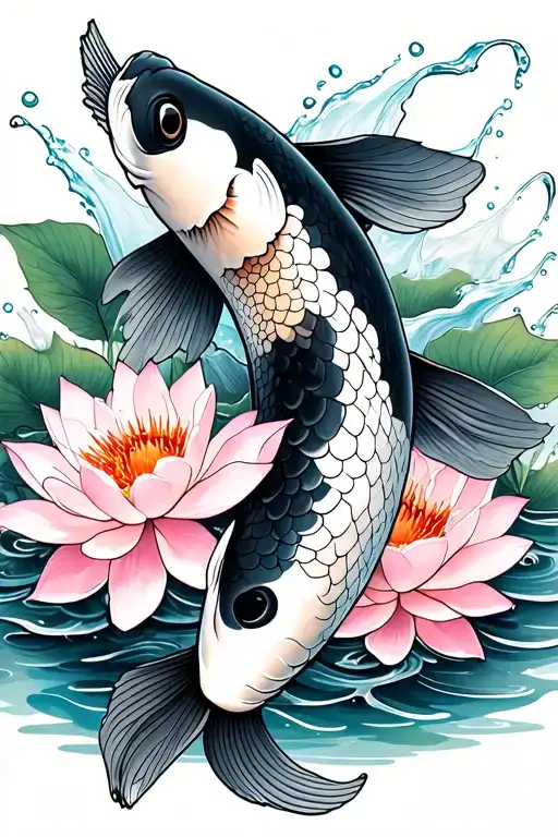 Black And White Koi Swimming Up With Pink Sakura And Lotus Flowers Blooming With The Water Splashing