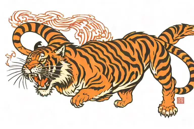 An Attacking Tiger Full Body With Red Sun In The Background