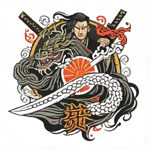 Japanese Strength Kanji Combined With Flaming Samurai Sword