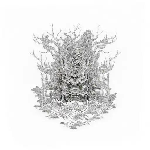 An Intricate Circuit Board Design Merging With A Dense Forest