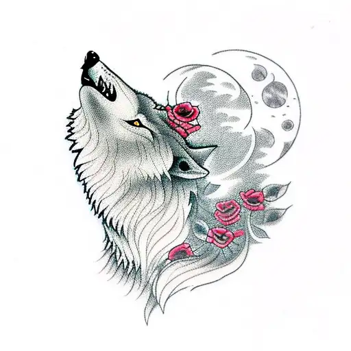 Howling Wolf With Roses And Moon Small