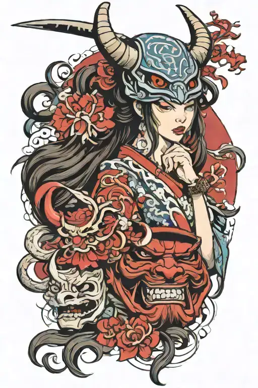 Beautiful Girl Holding Oni Mask And Samurai