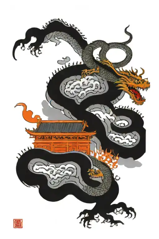 Great Wall Of China With Dragon Coming From Behind The Walls