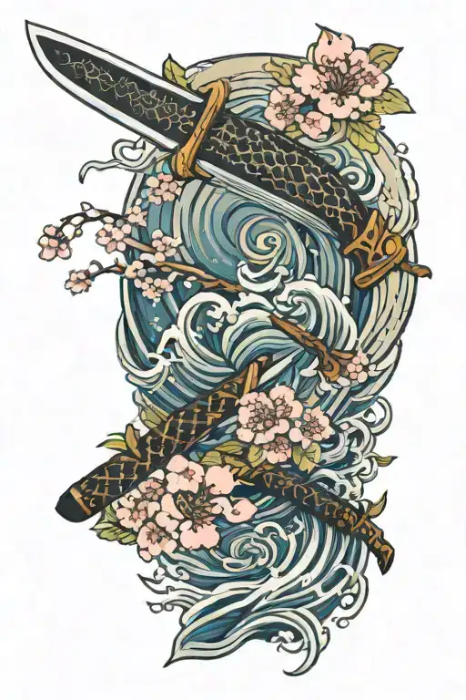 Japanese Katana Surrounded With Traditional Cherry Blossoms And Waves