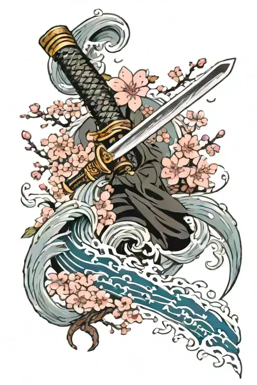 Japanese Katana Surrounded With Traditional Cherry Blossoms And Waves
