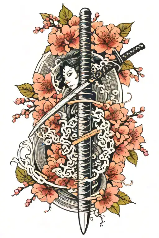 Sleeve Tattoo Of Japanese Katana Surrounded With Traditional Cherry Blossoms And Waves