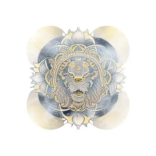 Golden Lion Beside A Choku Rei Symbol And Some Lotus Petals And Lotus Flowers Around And Enso Circle