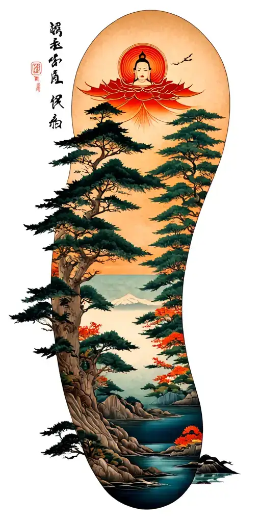 Canadian Nature Landscape Combined With Buddist Symbols In Japanese Style