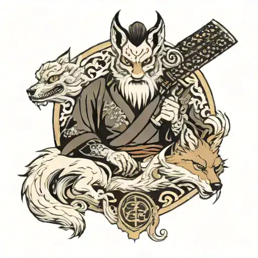 Geshai Samuri Holding Sword Across Face With Nine Tailed Fox Behind And Fudog In The Front