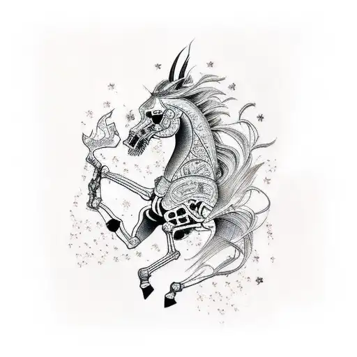 Tattoo Stencil Art Of A Skeletal Horse With Fire Coming Out Of Its Nose