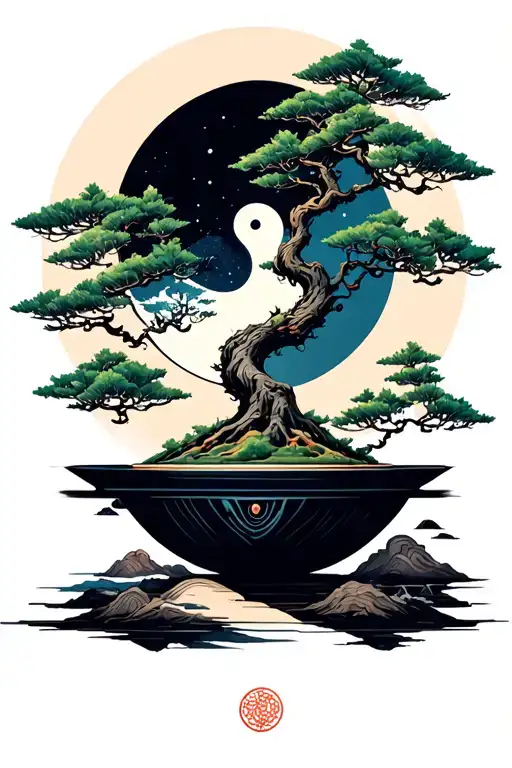 Bonsai Tree On A Planet With A Yin Yang Moon In The Back Ground