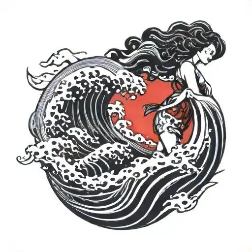 Sexy Woman Silhouette With Black And White Sea Waves Background