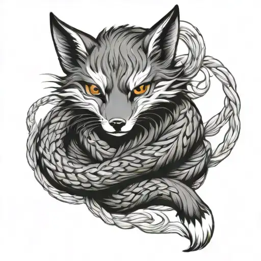 Draw Me A Female Kitsune Lying Down And With Her 8 Braided Tails Forming A Heart