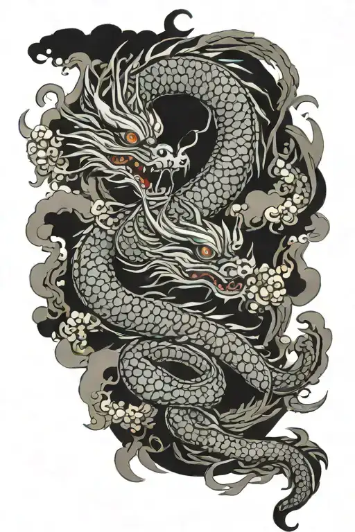 Dragon Circling A Eye With Black Background And Japanese Clouds