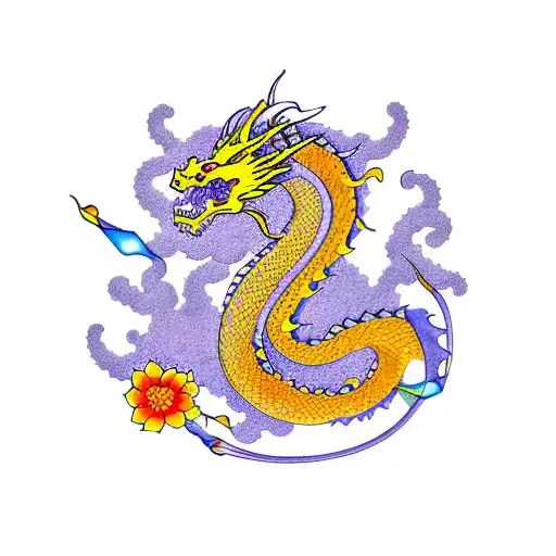 Dragon Coming Out Of A Japanese Castle Colors Yellow Orange And With Flowers