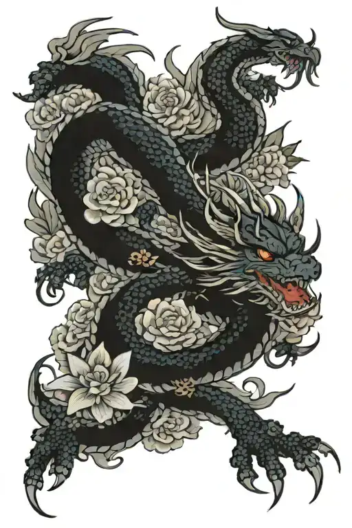 Dragon With Flowers Surrounding