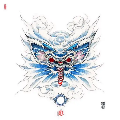 Butterfly With Electric Blue Eyes Japanese Demon Design On Its Wings