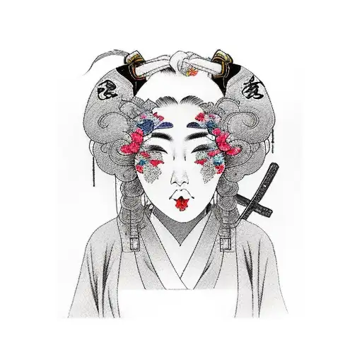 Beautiful Busty Young Woman Dressed In A Low Cut Kimono Holding A Katana